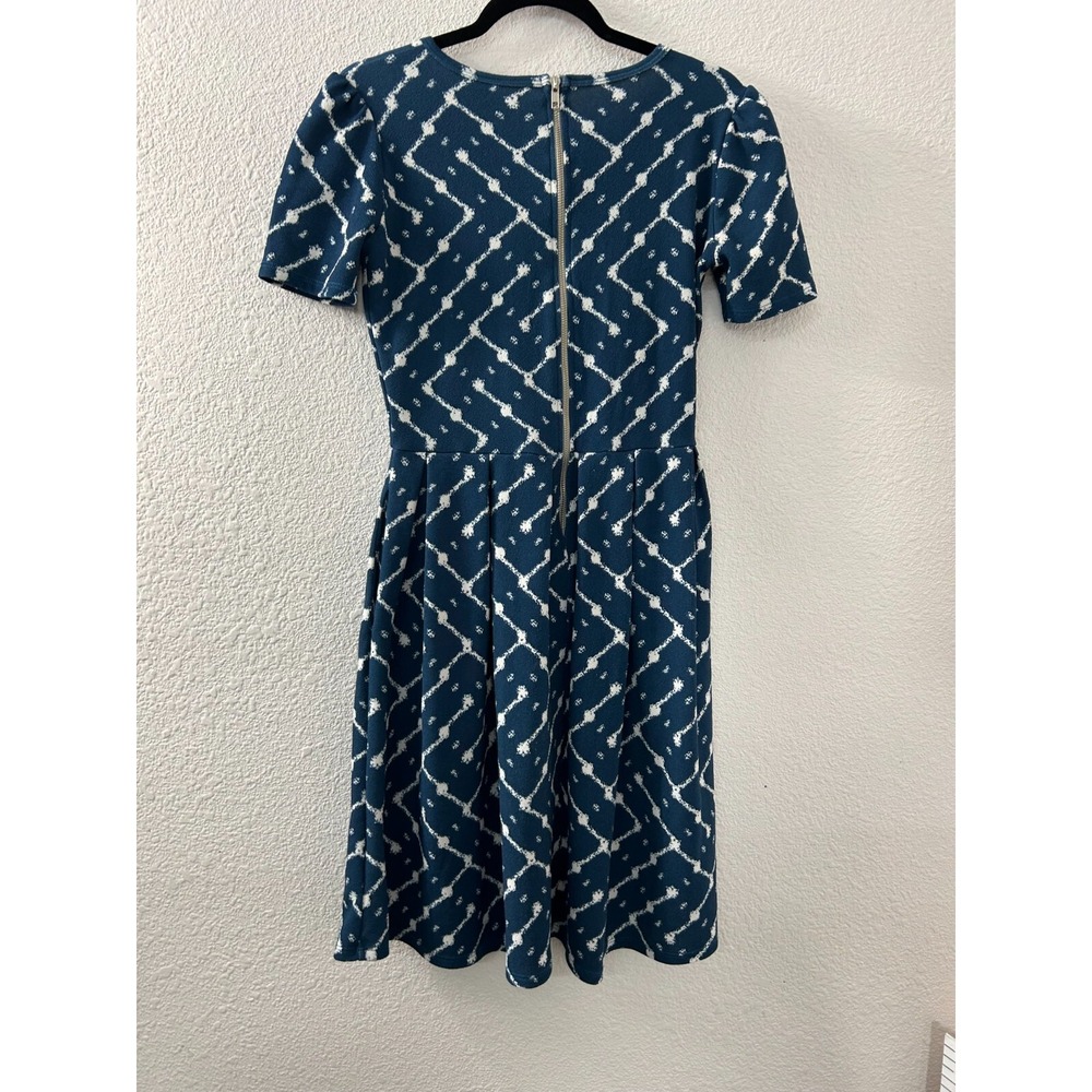 LuLaRoe Blue White Geometric Print Fit Flare Midi Dress Short Sleeve Pockets - Picture 6 of 10